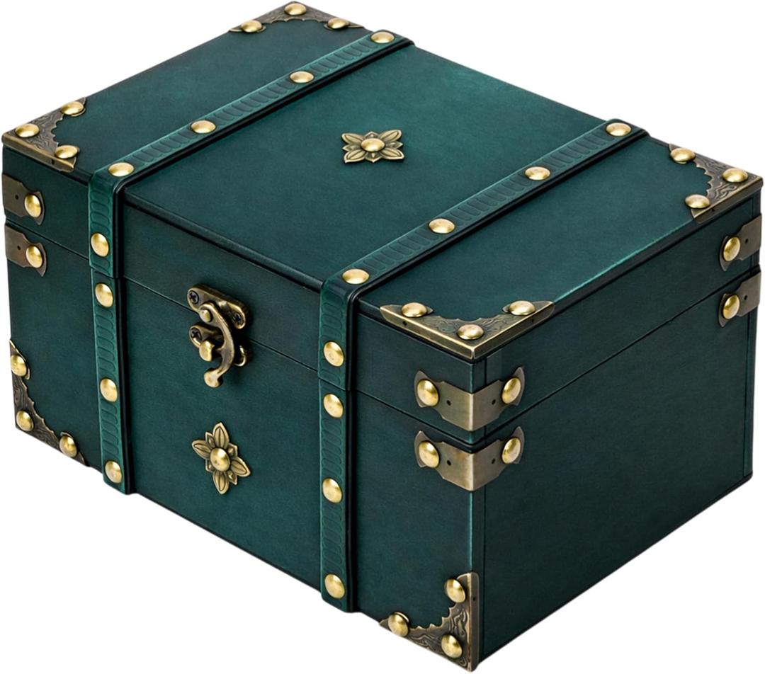 Vintage Pirate Treasure Chest Box Large Wooden Antique Wood Storage Case with Metal Accents, Green Retro Decorative Trunk Organizer for Jewelry, Trinket, Tarot Card, Pearl, Home Bedroom Decor Gift