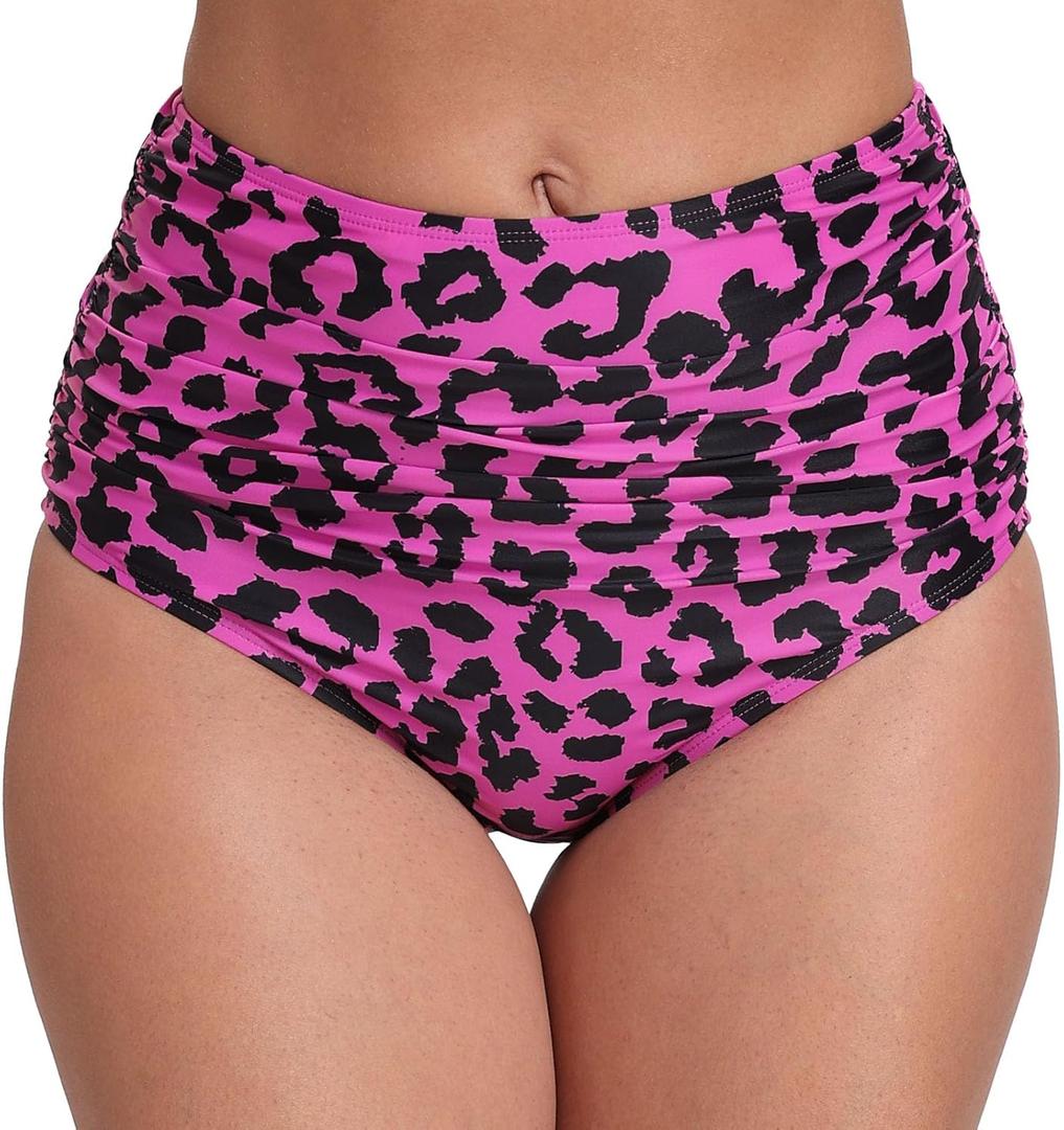 JOYBIK Womens High Waisted Full Ruched Bikini Swim Bottoms Tummy Control Full Coverage Swimsuit Bottoms (Medium, Leopard Print)