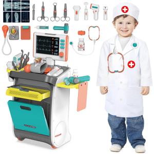 deAO Doctor Kit for Toddlers 3-5 Kids Doctors Pretend Play Set Role Play Toys with Cart Costume Stethoscope and Thermometer Christmas Birthday Gift for Girls Boys (Green)