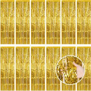 Gold Fringe Curtain Party Streamers, 12 Pack 3.3ft x 8.2ft Foil Curtain Backdrop Tinsel Foil Fringe Curtains Photo Booth Backdrop Streamer for Birthday, Wedding, Baby Shower, Disco Party