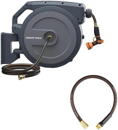 Giraffe Tools Leader Hose 6ftx5/8",Short Water Hose Heavy Duty for Hose Reel,Double Female Fittings and AW40 5/8 Retractable Hose Reel 90 ft Wall Mounted Garden Hose Reel Heavy Duty,9 Pattern Nozzle