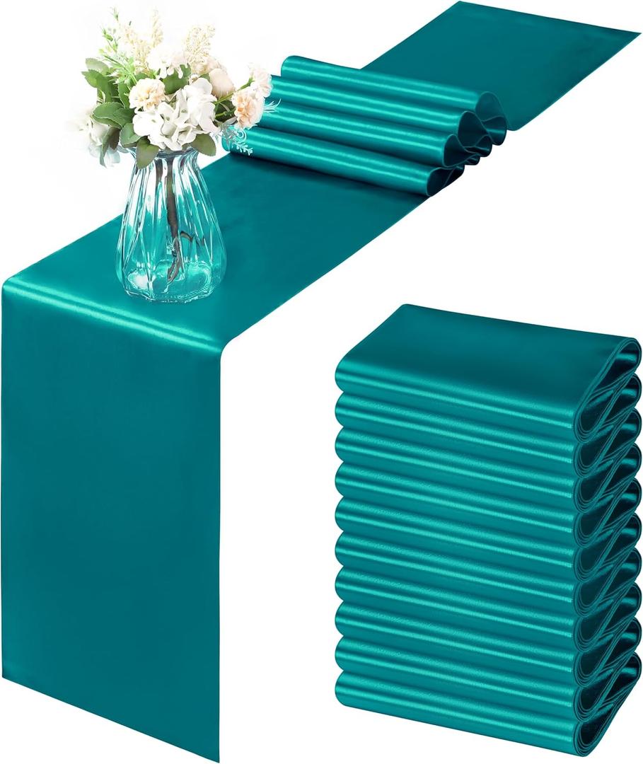 Horbaunal 12 Pack Teal Satin Table Runner 12 x 108 Inch, Smooth Table Runners for Wedding Banquets Birthday Party