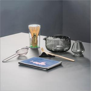 Matcha Whisk Set, Glass Matcha Kit Set Includes Matcha Bowl, Matcha Whisk and Holder, Bamboo Scoop, Scoop Rest, Sifter and Tea Towel - 7 Pcs Matcha Kit for Matcha Lovers (Black Gray)