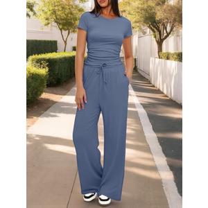 Women's 2 Piece Lounge Set Ruched Short Sleeve Tops High Waisted Wide Leg Pants, Medium