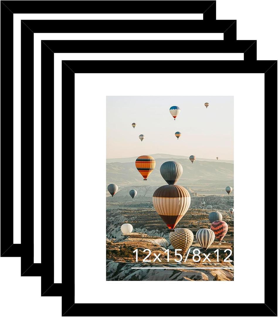 JCJMY 12x15 Picture Frame with Mat, Display 8x12 with Mat or 12 x 15 without Mat, Wood 12 by 15 Photo Frames for Wall Hanging, 4 Pack, Black
