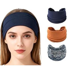XEF Headbands for Women Bohemian Wide Floral Thick Hair Band No Slip Gym Elastic Twist Knot Athletic Headband Sweatbands Fashion Hair Accessories for Teen Girls (Black, Brown, Black with Design)