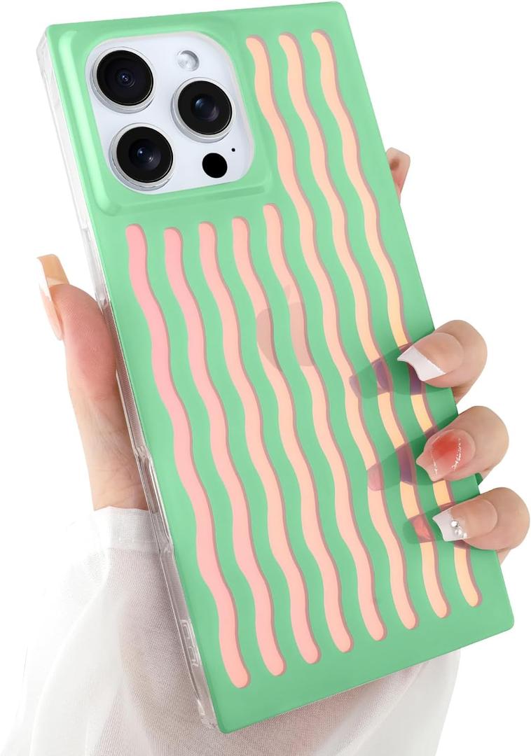 Rectangle Case for iPhone 16 Pro Case for Women Girls Boys, with Iridescent Wave Pattern and Cute Candy Color Design, Kawaii Aesthetic Girly Protective Phone Cover, Light Green