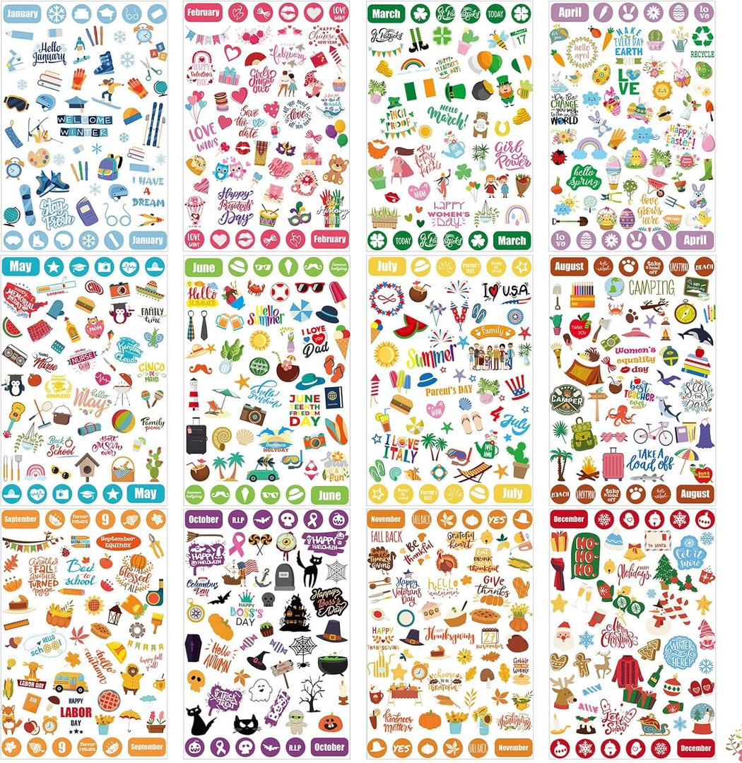 Chinco 24 Sheets Monthly Planner Stickers 1100+ Holiday Seasonal Calendar Stickers Journaling Gifts for Adult Women Christmas Birthday Daily Planning Scrapbooking Monthly Organizing & Celebrations