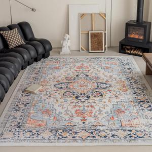 VK VKLIVING 9x12 Area Rug Washable Rugs for Living Room Vintage Design Boho Rug with Non Slip Living Room Bedroom Carpet Stain Resistant, Home Decor, Blue and Orange