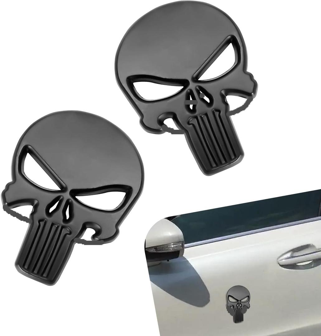 2 PCS Car Decal, 3D Metal Skull Sticker Car Accessories, Waterproof Scratch-Resistant Exterior Body Decoration, Universal for Most Cars, Trucks, SUVs (Black)