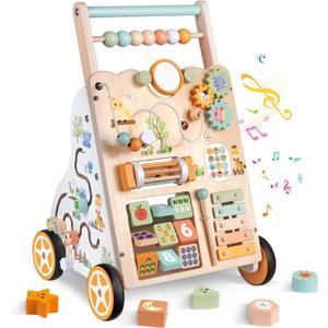 Wooden Baby Walker with Wheels, Push Walker with Baby Activity Center, Montessori Walking Toy for Girls Boys, Adjustable Speed & Height Activity Toy for Toddler Learning to Walk 12+ Months (Natural)