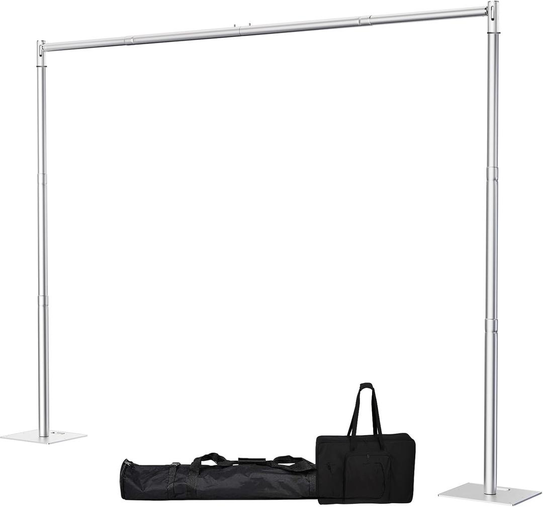 Pipe and Drape Backdrop Stand, 8x10ft Heavy Duty Backdrop Stand with Metal Base, Adjustable Height & Width, Silver Background Holder for Wedding Photography Birthday Party Baby Shower Decor, Silver