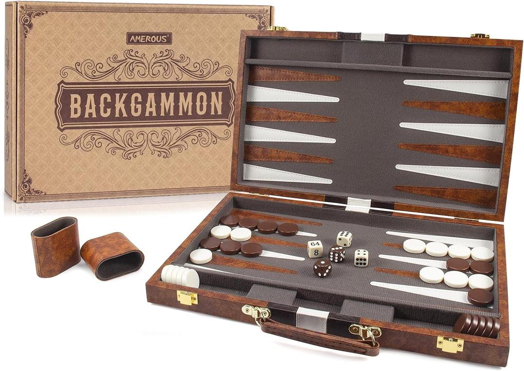 AMEROUS Backgammon Set, 15 Inches Classic Board Game with Leather Case, Folding Board, Gift Package, Portable Travel Strategy Backgammon Game Set for Adults, Kids (Medium, Brown)