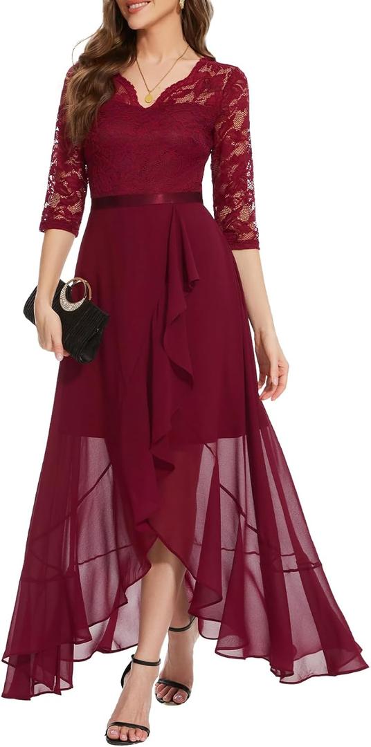 Bbonlinedress Women's V-Neck Dress for Women Wedding Guest Hi-Lo Floral Lace Prom Cocktail Party Formal Bridesmaid Dress (Large, A-dark Red)