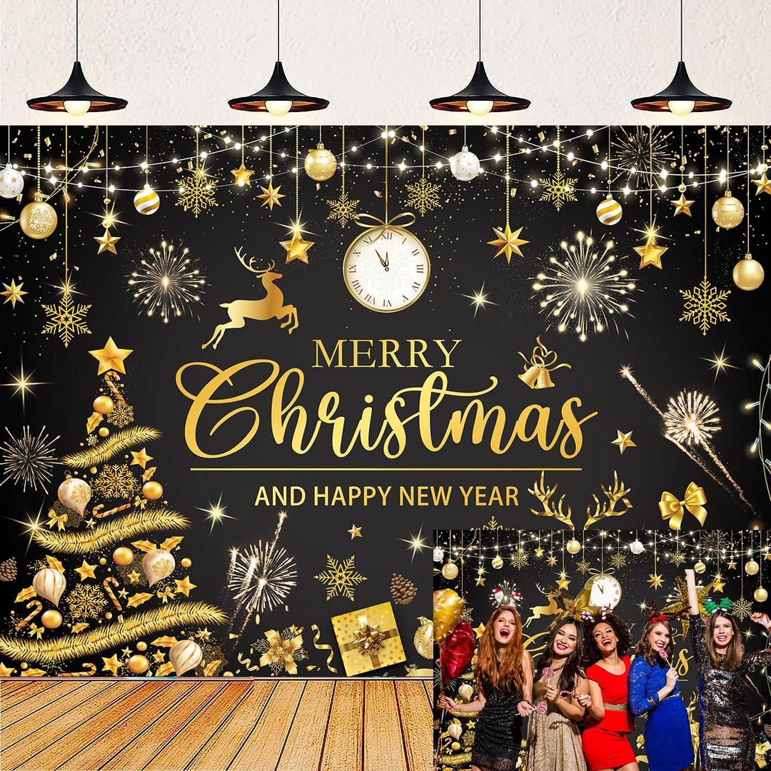 Black Gold Merry Christmas Backdrop Happy New Year 2026 Xmas Tree Gold Glitter Photography Background Winter Xmas New Year's Eve Family Holiday Party Decoration Banner Supplies (Black Gold, 8x6FT)