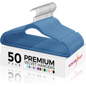 HOUSE DAY Premium Velvet Hangers 50 Pack Blue, Non-Slip Flocked Felt Hangers, Sturdy Clothes Hanger with 360 Rotatable Hook, Heavy Duty Durable Slim Coat Hanger for Closet Space Saving (Tranquil Blue/ Silver)