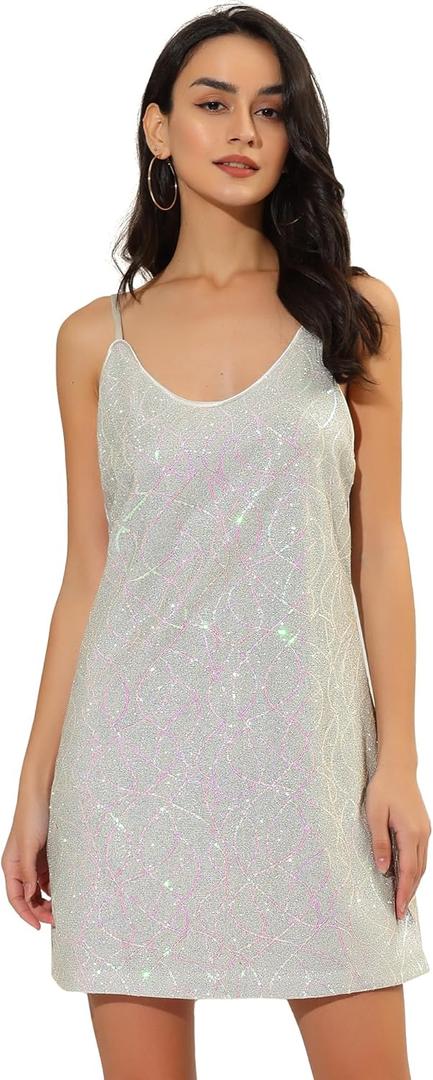 Allegra K Women's Glitter Sequin Dress Spaghetti Strap V Neck Party Cocktail Sparkly Mini Dress Clubwear M