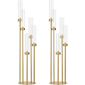 2PCS Gold Floor Candelabra,5 Arm Candle Holder Tall Floor Candle Holder with Acrylic Lampshade for Wedding Table Birthday Party Home Decoration Fit LED Taper Candles