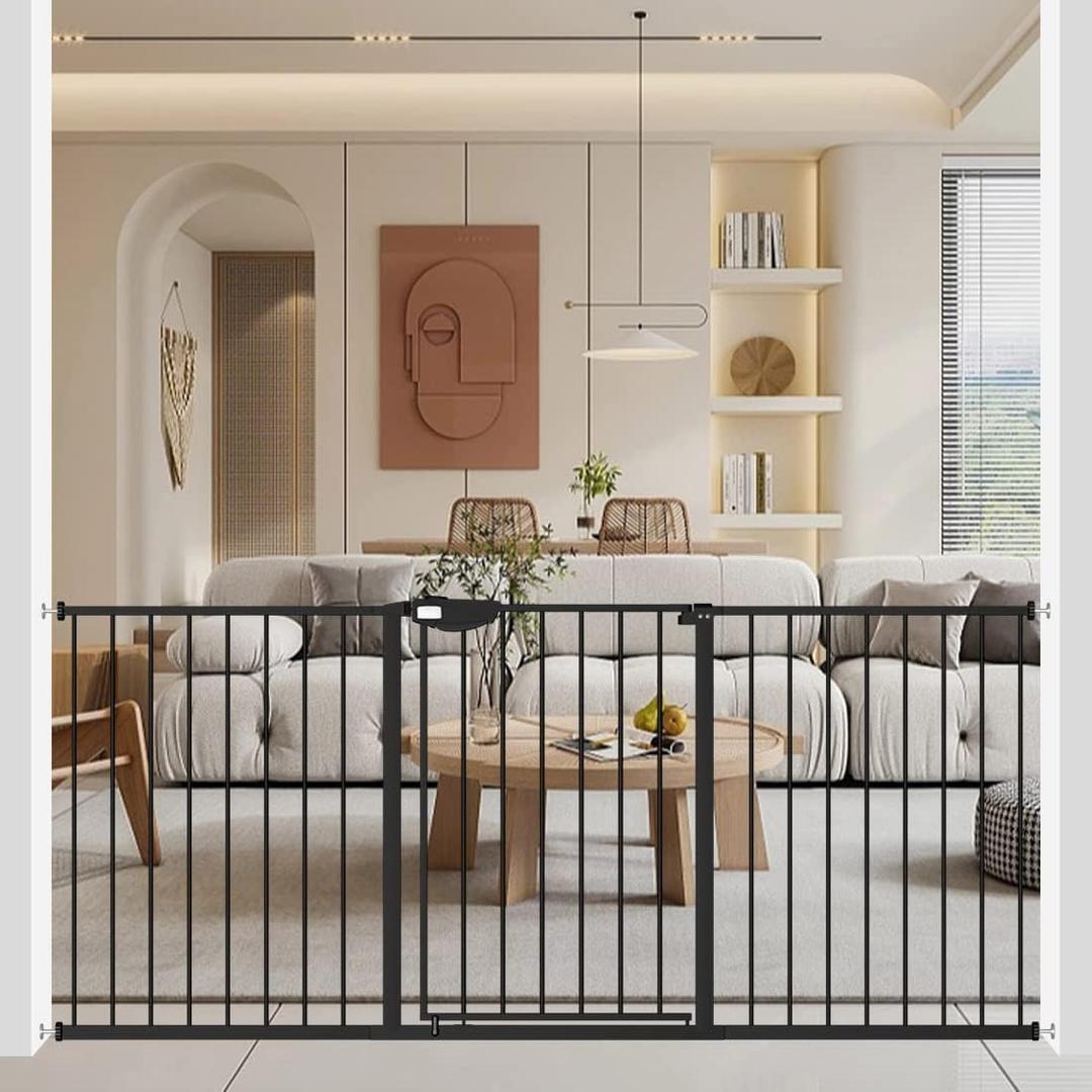 WAOWAO Triple Lock Baby Gate Extra Wide 67.32-72.04" Pressure Mounted Walk Through Swing Auto Close Safety Black Metal Dog Pet Puppy Cat for Stairs,Doorways,Kitchen