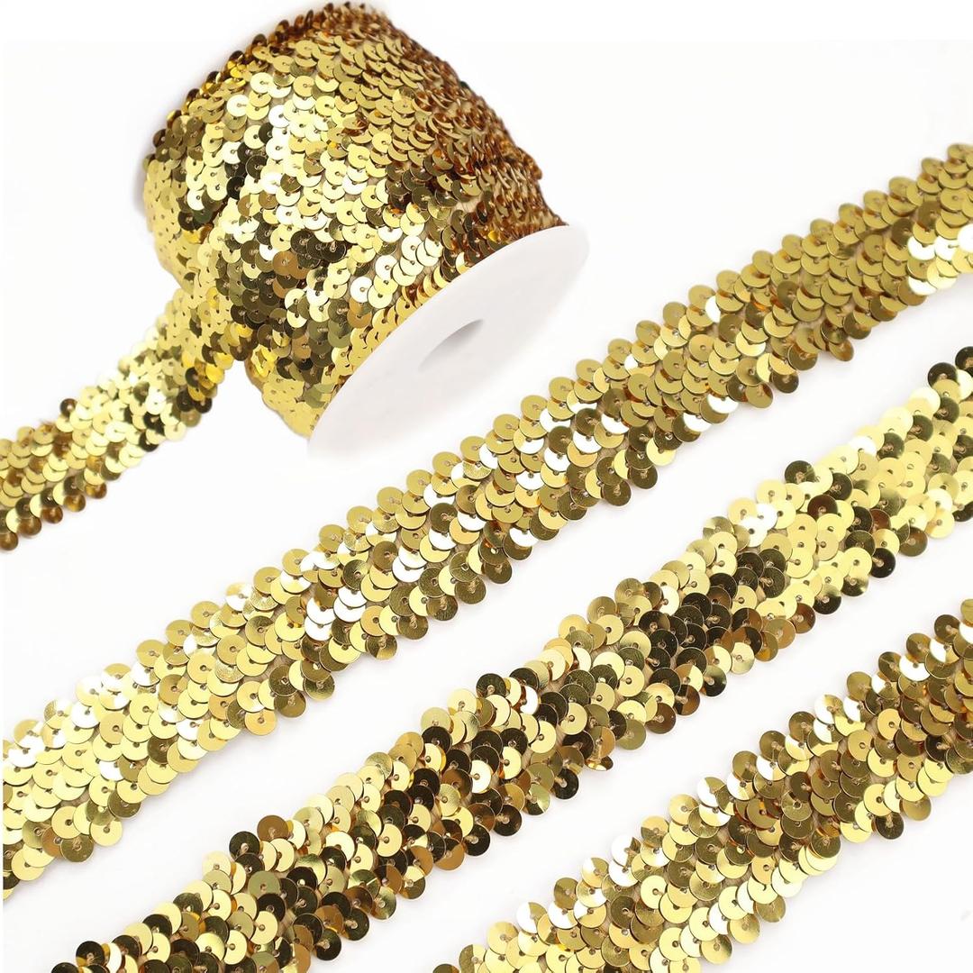 Elastic Sequin Ribbon Trim 10 Yards Golden Metallic Sequins Stretch Lace Trim for Sewing Clothes Home Party Decoration