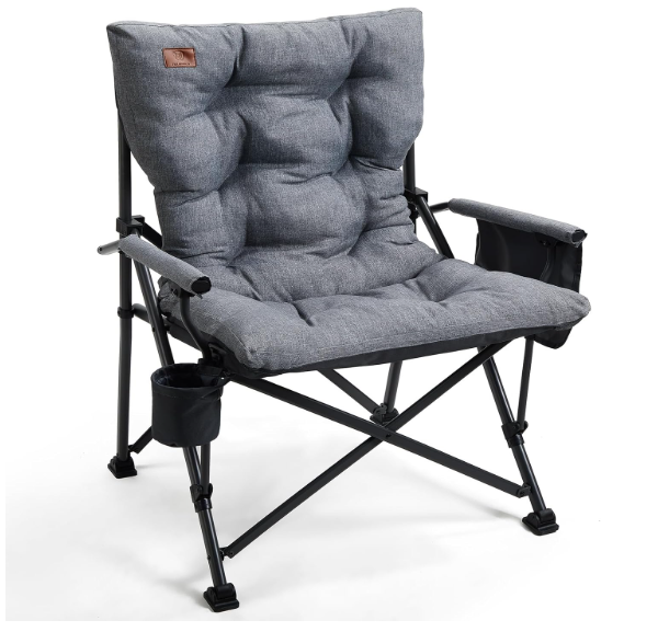 EVER ADVANCED Padded Oversized Folding Camping Chair for Adults, Heavy Duty Lawn Chair with Side Pockets, Portable Collapsible Quad Chair for Outside, Support Up to 500lbs, Grey