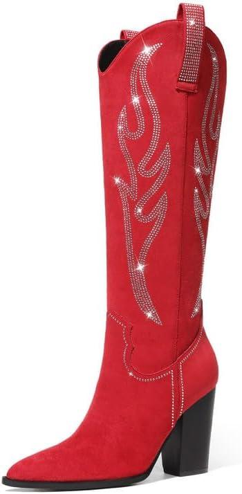 Celbreez Cowboy Boots for Women Cowgirl Boots Women Suede Knee High Boots Rhinestones Embroidered Western Boots Pointed Toe Chunky Heel Side Zip Festival Country Concert Shoes (7)