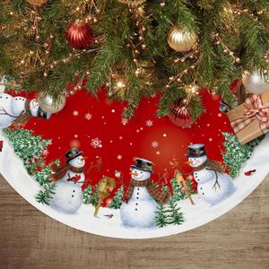 Christmas Tree Skirt 48 Inch, Snowman Red Christmas Tree Skirt Snowflake Funny Xmas Decor Seasonal Winter Holiday Indoor Home Party Decorations