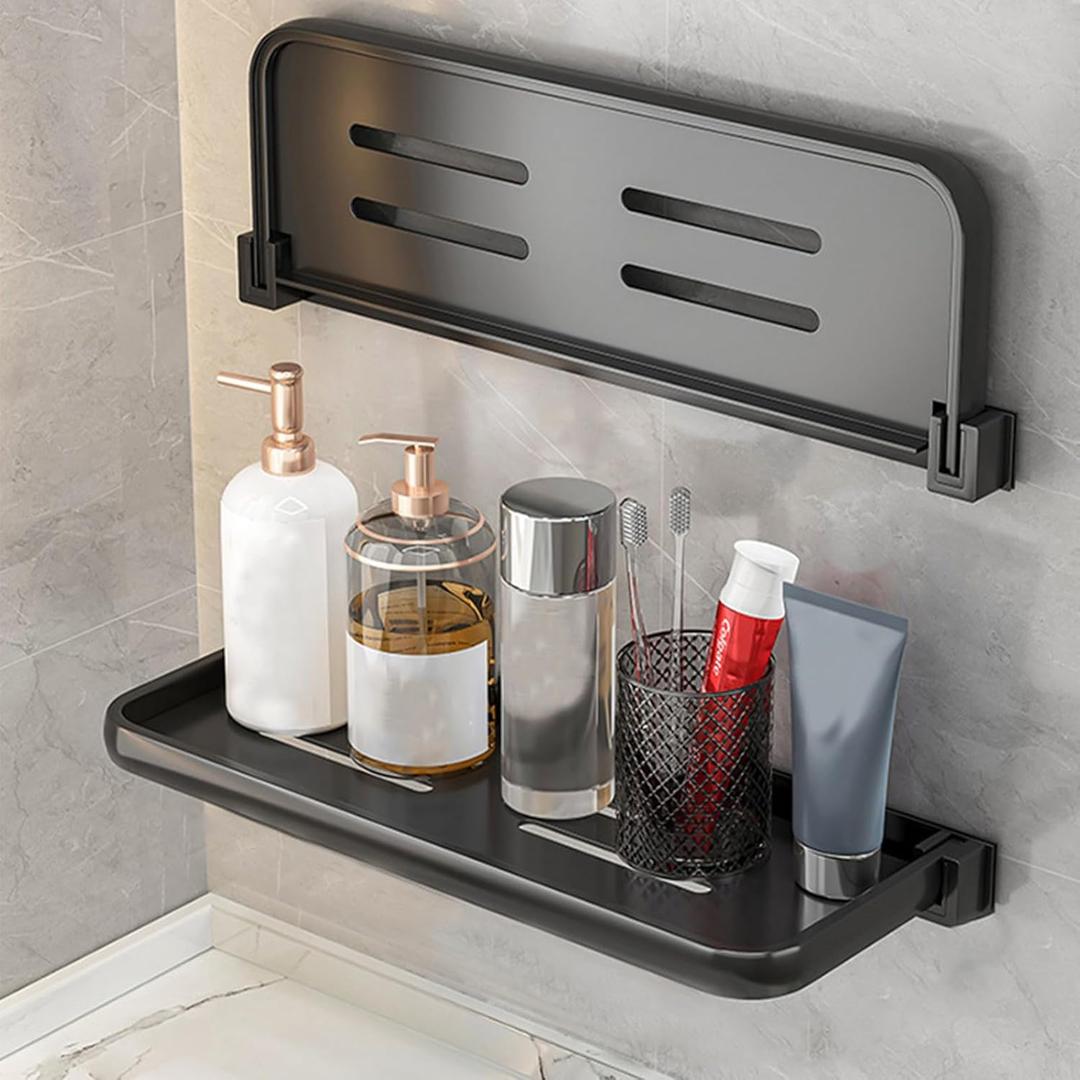2pcs Bathroom Shelf Wall Mounted Hidden Foldable Shelves for Compact Camper Storage 12inch Waterproof Metal Shower Rack for Laundry Toilet Room RV Wall Organizer, Black