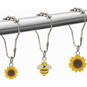 Sunflower Bee Shower Curtain Hooks, Spring Sunflower Shower Curtain Ring Hooks Retro Farmhouse Bathroom Decor Floral Garden Themed Shower Hooks for Spring Bathroom Accessories