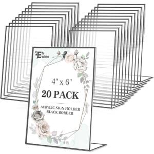 EHWINE 20 Pack Acrylic Sign Holder 4 x 6, Black Picture Frame Stand up Table Top Sign Holders, Slanted Back Paper Holder Clear Display Stand Menu Flyer Holder for Wedding Party