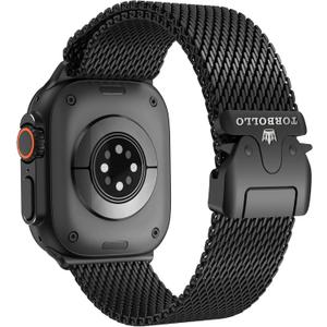 torbollo Compatible with Apple Watch Band for Men, Milanese Mesh Loop for Apple Watch Ultra 2/Ultra 49mm, Series 10 46mm, 9/8/7 45mm, SE2/SE/6/5/4 44mm, 3/2/1 42mm Parachute-style Buckle (Black)