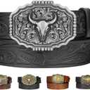 Leather Western Buckle Belts for Woman Men Christmas Gifts, Cowboy Cowgirl Country Embossed Belt for Jeans (Black)