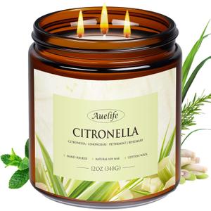 Auelife Scented Candles, 12oz Large 3-Wick Candle for Home Patio Camping & Garden, Natural Soy Wax Citronella Candle for Summer Gift, Long Lasting for Indoor Home Scented, 50+ Hour Burn