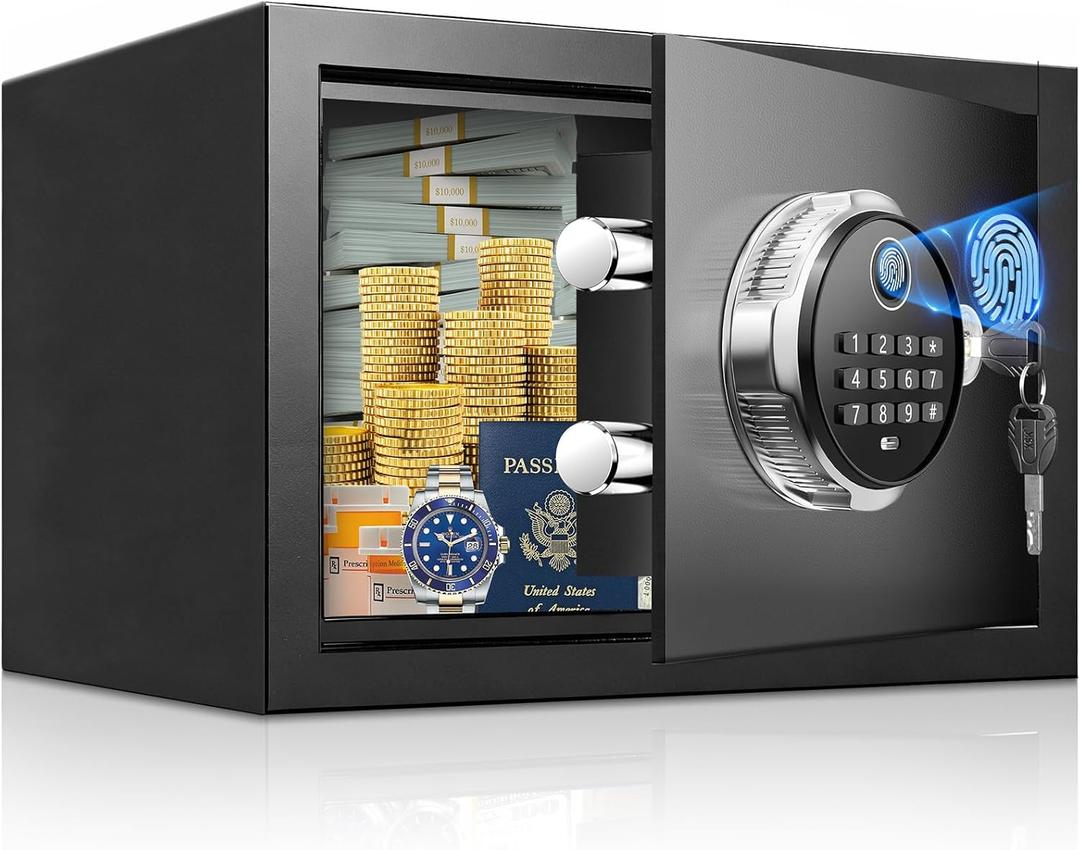 Small Smart Biometric Safe Box for Home, Mini Home Safes with Anti-Theft Dual Alerts, Mute Mode, Digital Security Money Safe for Cash, Jewelry, Business(6.5"D x 7"W x 6.5"H without Shelf)