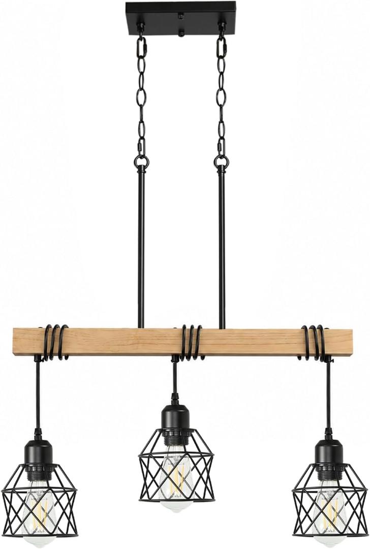 3 Light Farmhouse Kitchen Island Lighting,Dining Room Light Fixture,Adjustable Height Pendant,Real Wood and Black Metal Cage Chandelier for Kitchen,Dining Room
