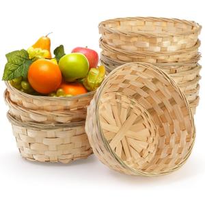 TOPZEA 10 Pack Round Gift Baskets, 8 Inch Natural Bamboo Woven Fruit Basket, Small Wicker Bread Roll Serving Basket, Food Storage Bin Handmade Baskets for Kitchen Restaurant Centerpiece Christmas