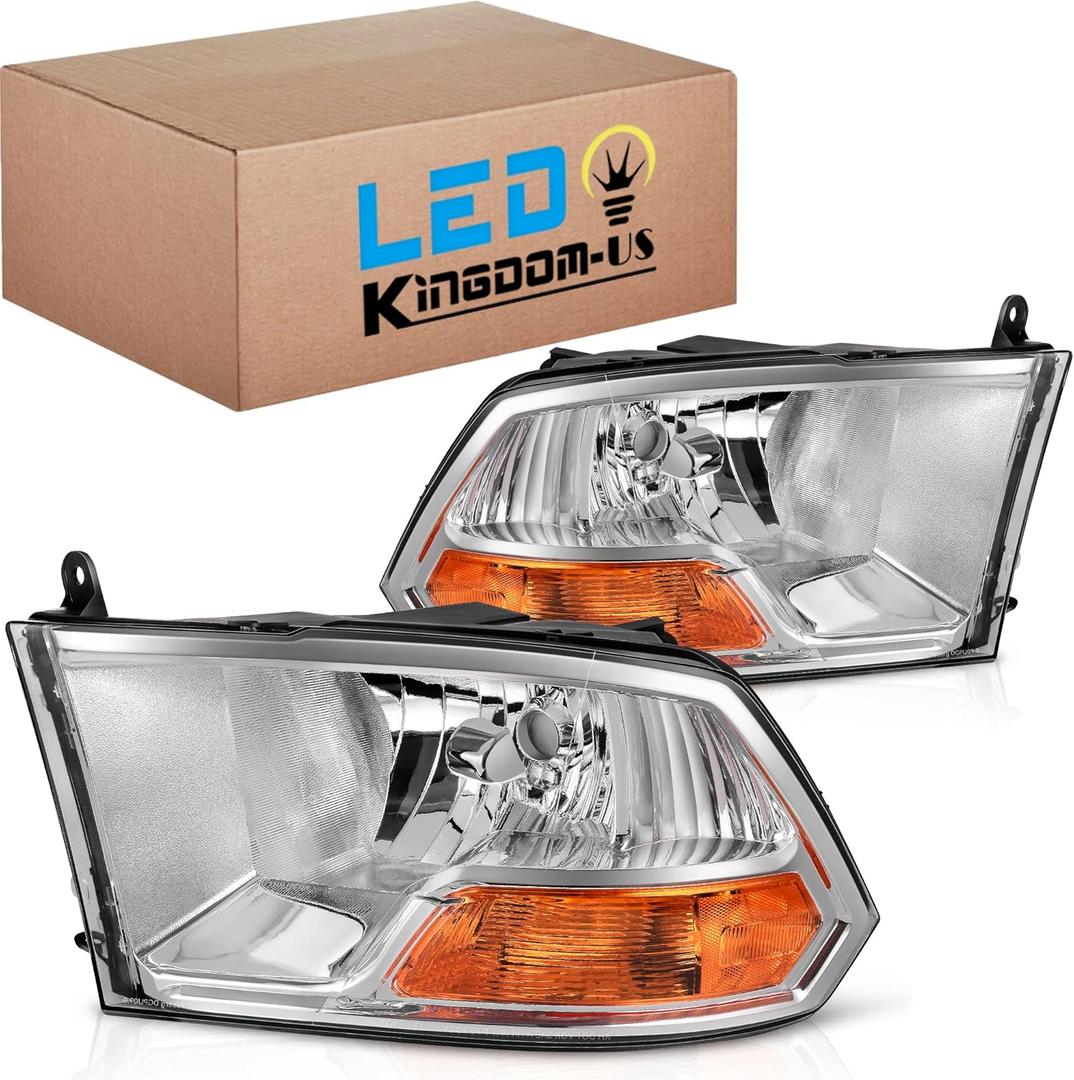 LEDKINGDOMUS Headlight Assembly, DOT-certified, Compatible with 2009-2012 Dodge Ram 1500/10-12 Ram 2500 3500 Dual Beam Model Headlamp Chrome Housing Amber Reflector Clear Lens(Not fit Quad Models)