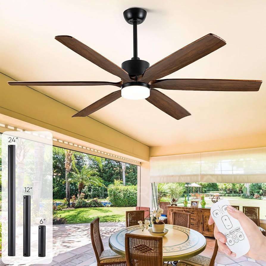 60 Inch Ceiling Fans with Lights and Remote, Reversible 6 Blades & Dimmable 3-Color Outdoor Ceiling Fans for Patios, DC Motor Large Ceiling Fan for Indoor or Covered Outdoor-Brown