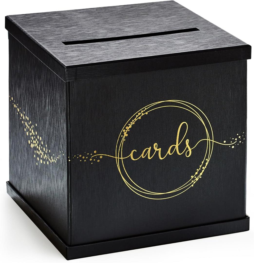 Black & Gold Card Box, Large 10” Gift Card Holder for Wedding Reception, Graduation Party, Funeral Memorial, Birthday, Bridal & Baby Shower, Retirement, Donation Basket, Money, Envelope Box with Slot