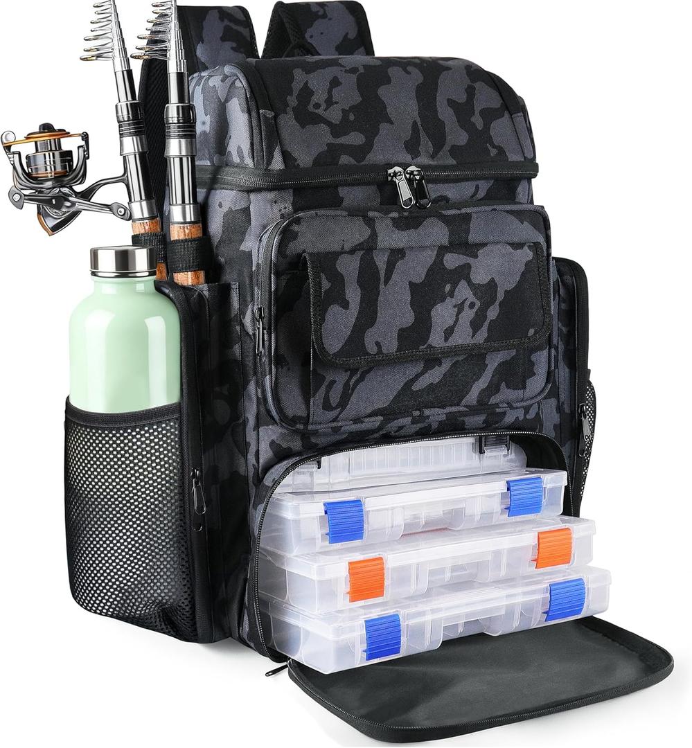 Fishing Tackle Backpack With Rod Holders, 45L Large Tackle Bag & Fishing Tackle Backpack for Fishing, Camping, Hiking,Camouflage