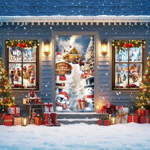 Tioncy 3 Pcs Christmas Door Window Cover Decorations Set 71" x 35" Christmas Door Cover 47" x 32" Xmas Window Curtain Santa Claus Snowman Winter Reindeer Banner Backdrop for Outdoor Holiday Decor