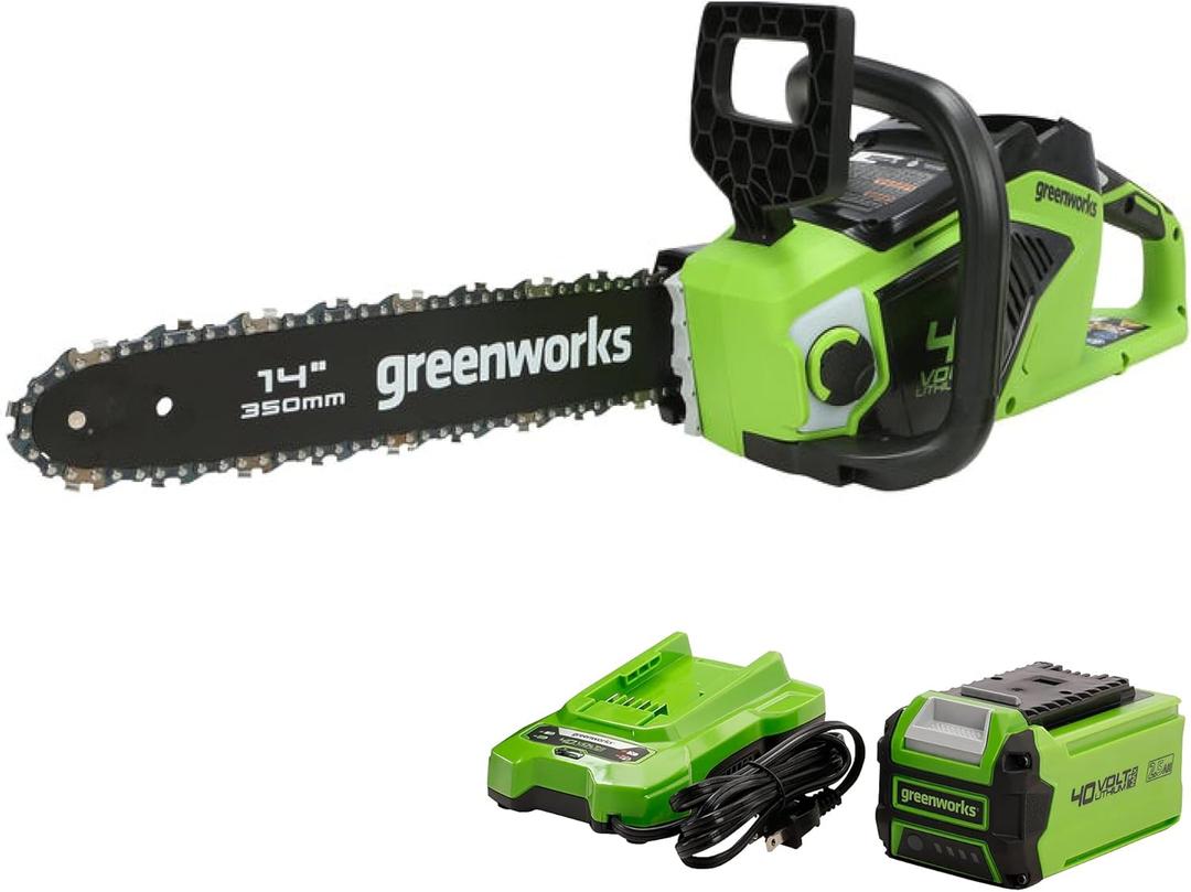 Greenworks 40V 14" Chainsaw, 2.5Ah USB Battery and Charger Included