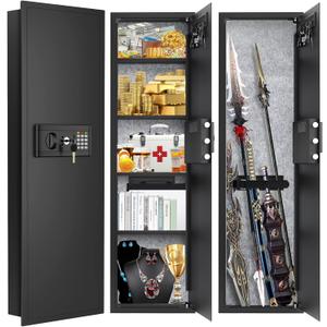 47.3" Tall Fireproof Wall Safes Between the Studs 16" Centers, Large Hidden Flush Wall Safe with 4 Removable Shelf & 6 Key Hooks, 48LB Heavy Duty In Wall Safe for Home, Money, Jewelry, Valuables (Black)