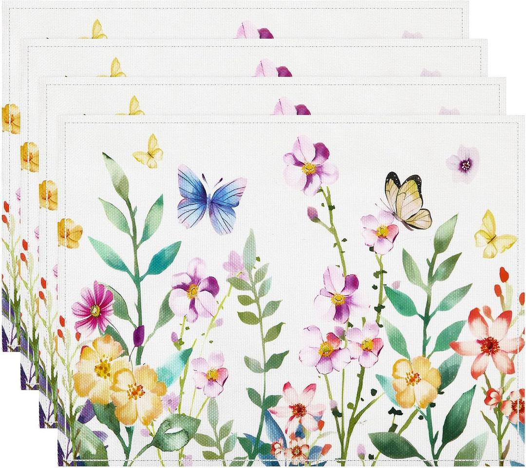 DECYOOL Spring Placemats Set of 4, 12.5x17 Inch Butterfly Flower Spring Placemats Party Kitchen Dining Holiday Summer Decoration for Indoor Outdoor Decoration