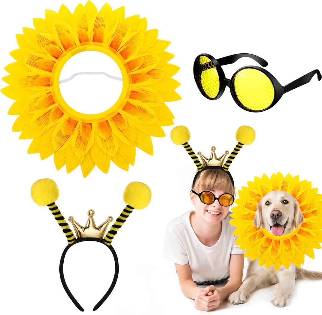3 Pcs Large Dog Halloween Costume Set Includes Sunflower Headband Outfits Bee Antenna Headband and Bee Sunglasses for Large Dogs Cosplay Costume Accessories Halloween Party Supplies