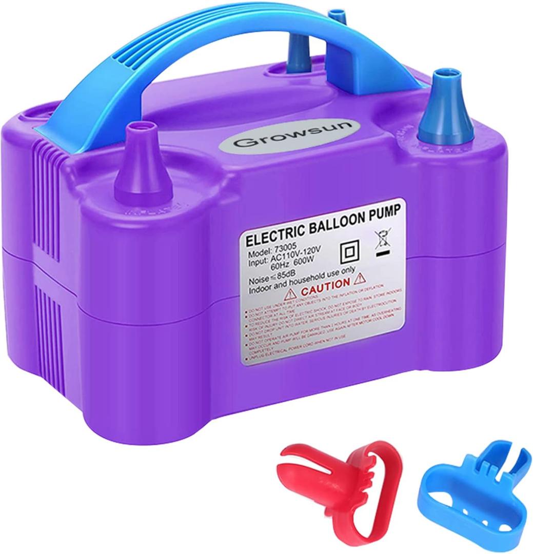 Growsun Electric Balloon Pump Air Inflator Portable Automatic Dual Nozzle Balloon Blower 110V 600W for Birthday Baby Shower Balloons Party Decorations (Purple)
