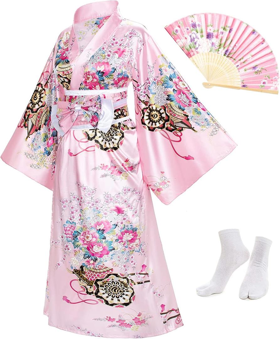 Japanese Anime Women's Kimono Robe Geisha Yukata Sweet Dress Blossom Satin Bathrobe Sleepwear Fans Tabi Socks Set (S, Pink)
