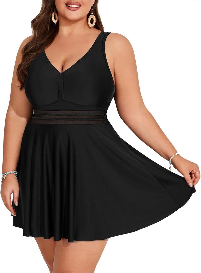 Hanna Nikole Womens Plus Size Swim Dress Swimsuits Two Piece Mesh Front Tankini Bathing Suits Flowy Swimwear with Boyshorts (Black)