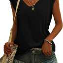 Womens Cap Sleeve T Shirts V Neck Casual Tops Oversized T-Shirt Summer Trendy Lightweight Loose Fit Basic Tees (Black, M)