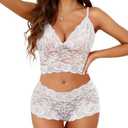 Lilosy Sexy Sheer Floral Lace Pajamas Lingerie Set High Waist Sleepwear Bra and Panty 2 Piece Nightwear XS